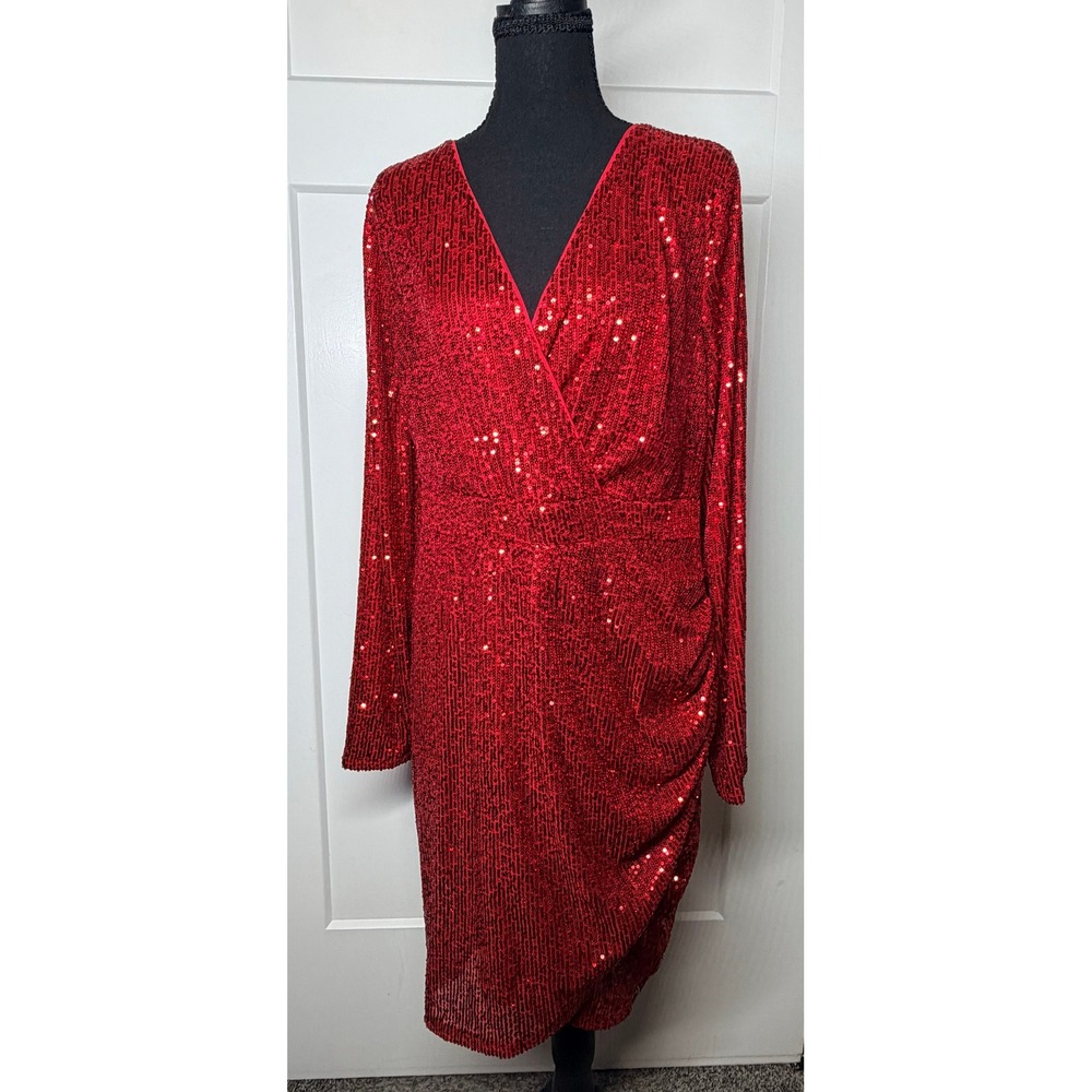 Torrid Sequin Mini Dress Women 0 12 Red New Surplice Long Sleeve Ruched Holiday